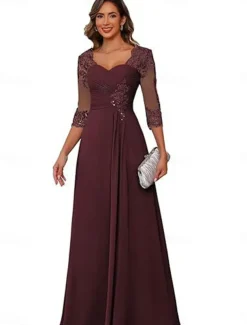 A-Line Mother of the Bride Dress Elegant Simple V Neck Floor Length Chiffon 3/4 Length Sleeve with Solid Color
