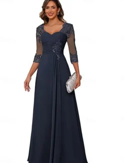 A-Line Mother of the Bride Dress Elegant Simple V Neck Floor Length Chiffon 3/4 Length Sleeve with Solid Color