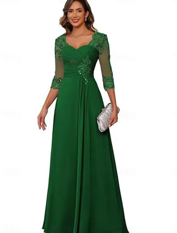 A-Line Mother of the Bride Dress Elegant Simple V Neck Floor Length Chiffon 3/4 Length Sleeve with Solid Color