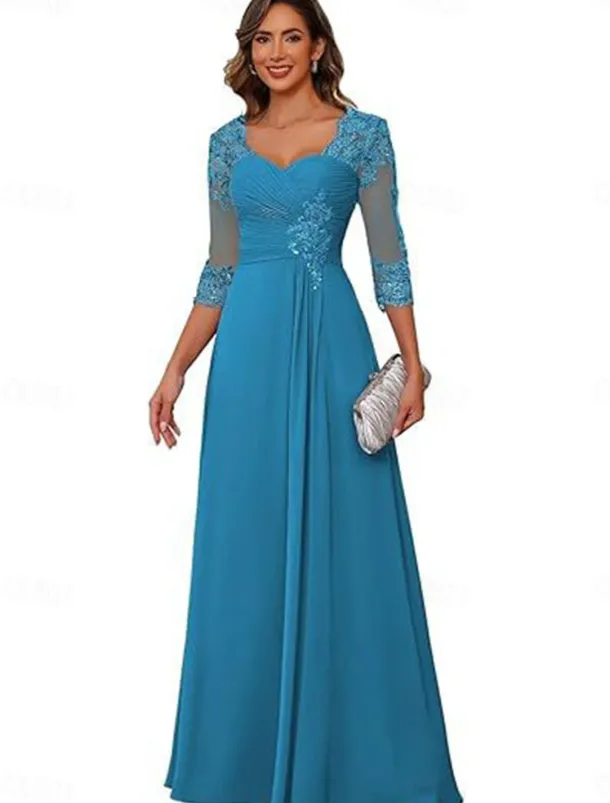 A-Line Mother of the Bride Dress Elegant Simple V Neck Floor Length Chiffon 3/4 Length Sleeve with Solid Color