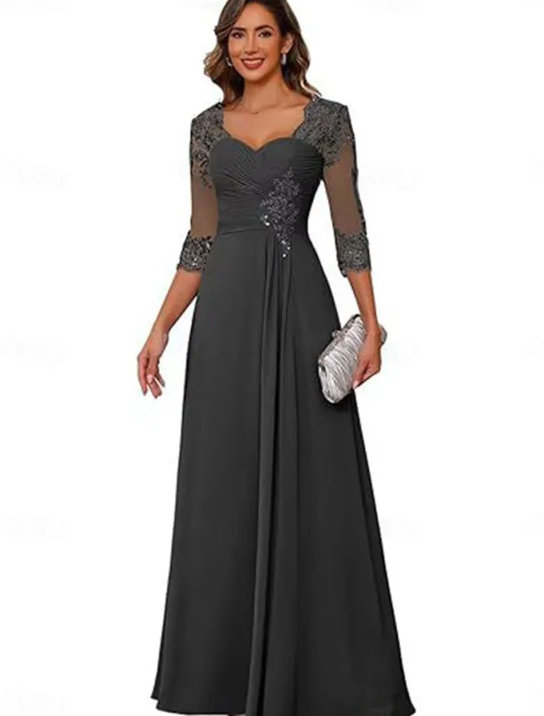 A-Line Mother of the Bride Dress Elegant Simple V Neck Floor Length Chiffon 3/4 Length Sleeve with Solid Color