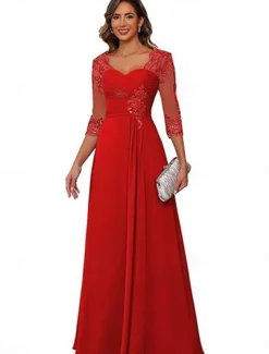 A-Line Mother of the Bride Dress Elegant Simple V Neck Floor Length Chiffon 3/4 Length Sleeve with Solid Color