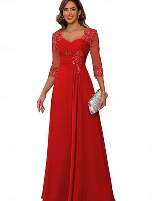 A-Line Mother of the Bride Dress Elegant Simple V Neck Floor Length Chiffon 3/4 Length Sleeve with Solid Color