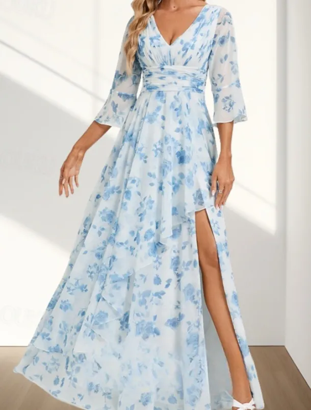 A-Line Mother of the Bride Dress Wedding Guest Elegant V Neck Floor Length Chiffon 3/4 Length Sleeve with Pleats Ruched Split Front Wedding Guest Dress