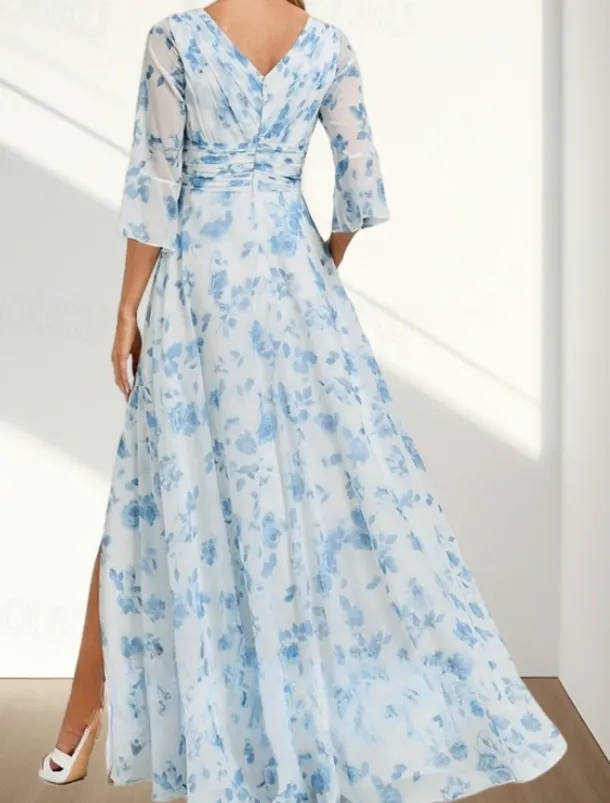 A-Line Mother of the Bride Dress Wedding Guest Elegant V Neck Floor Length Chiffon 3/4 Length Sleeve with Pleats Ruched Split Front Wedding Guest Dress