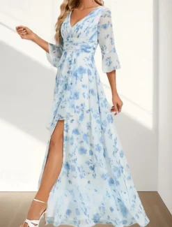 A-Line Mother of the Bride Dress Wedding Guest Elegant V Neck Floor Length Chiffon 3/4 Length Sleeve with Pleats Ruched Split Front Wedding Guest Dress