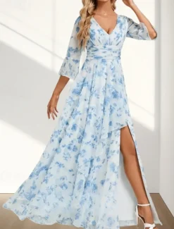 A-Line Mother of the Bride Dress Wedding Guest Elegant V Neck Floor Length Chiffon 3/4 Length Sleeve with Pleats Ruched Split Front Wedding Guest Dress