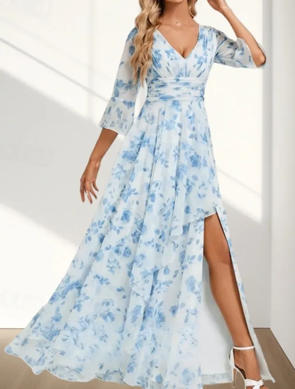 A-Line Mother of the Bride Dress Wedding Guest Elegant V Neck Floor Length Chiffon 3/4 Length Sleeve with Pleats Ruched Split Front Wedding Guest Dress