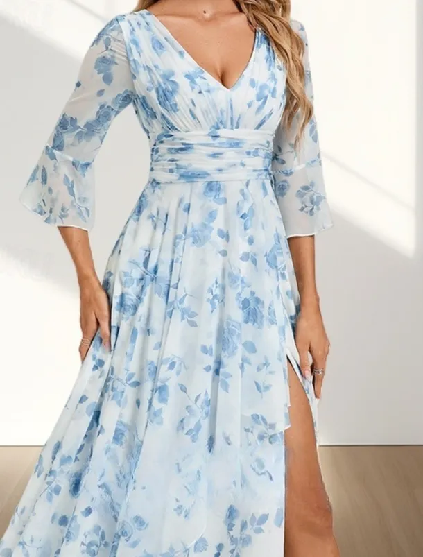 A-Line Mother of the Bride Dress Wedding Guest Elegant V Neck Floor Length Chiffon 3/4 Length Sleeve with Pleats Ruched Split Front Wedding Guest Dress