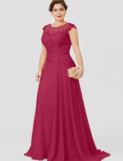 A-Line Mother of the Bride Dress Wedding Guest Elegant Plus Size Illusion Neck Sweep / Brush Train Chiffon Beaded Lace Short Sleeve No with Bow(s) Pleats free custom size