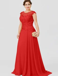 A-Line Mother of the Bride Dress Wedding Guest Elegant Plus Size Illusion Neck Sweep / Brush Train Chiffon Beaded Lace Short Sleeve No with Bow(s) Pleats free custom size