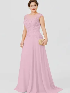 A-Line Mother of the Bride Dress Wedding Guest Elegant Plus Size Illusion Neck Sweep / Brush Train Chiffon Beaded Lace Short Sleeve No with Bow(s) Pleats free custom size