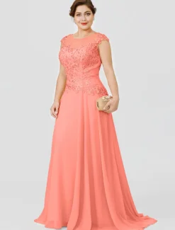 A-Line Mother of the Bride Dress Wedding Guest Elegant Plus Size Illusion Neck Sweep / Brush Train Chiffon Beaded Lace Short Sleeve No with Bow(s) Pleats free custom size
