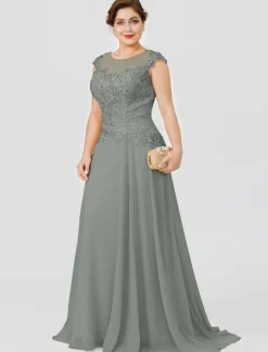 A-Line Mother of the Bride Dress Wedding Guest Elegant Plus Size Illusion Neck Sweep / Brush Train Chiffon Beaded Lace Short Sleeve No with Bow(s) Pleats free custom size