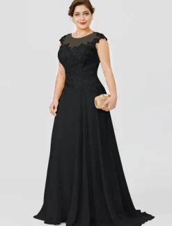 A-Line Mother of the Bride Dress Wedding Guest Elegant Plus Size Illusion Neck Sweep / Brush Train Chiffon Beaded Lace Short Sleeve No with Bow(s) Pleats free custom size