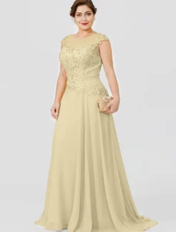 A-Line Mother of the Bride Dress Wedding Guest Elegant Plus Size Illusion Neck Sweep / Brush Train Chiffon Beaded Lace Short Sleeve No with Bow(s) Pleats free custom size