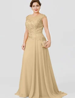 A-Line Mother of the Bride Dress Wedding Guest Elegant Plus Size Illusion Neck Sweep / Brush Train Chiffon Beaded Lace Short Sleeve No with Bow(s) Pleats free custom size