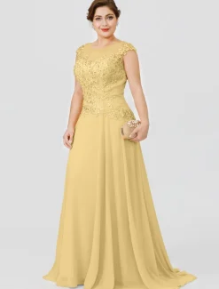 A-Line Mother of the Bride Dress Wedding Guest Elegant Plus Size Illusion Neck Sweep / Brush Train Chiffon Beaded Lace Short Sleeve No with Bow(s) Pleats free custom size