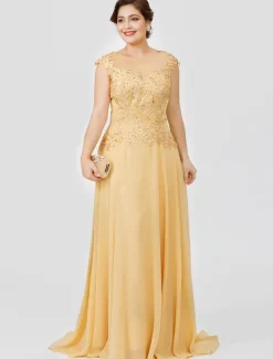 A-Line Mother of the Bride Dress Wedding Guest Elegant Plus Size Illusion Neck Sweep / Brush Train Chiffon Beaded Lace Short Sleeve No with Bow(s) Pleats free custom size