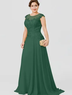 A-Line Mother of the Bride Dress Wedding Guest Elegant Plus Size Illusion Neck Sweep / Brush Train Chiffon Beaded Lace Short Sleeve No with Bow(s) Pleats free custom size