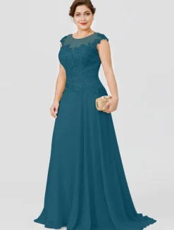 A-Line Mother of the Bride Dress Wedding Guest Elegant Plus Size Illusion Neck Sweep / Brush Train Chiffon Beaded Lace Short Sleeve No with Bow(s) Pleats free custom size