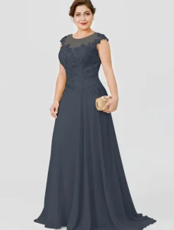 A-Line Mother of the Bride Dress Wedding Guest Elegant Plus Size Illusion Neck Sweep / Brush Train Chiffon Beaded Lace Short Sleeve No with Bow(s) Pleats free custom size
