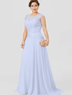 A-Line Mother of the Bride Dress Wedding Guest Elegant Plus Size Illusion Neck Sweep / Brush Train Chiffon Beaded Lace Short Sleeve No with Bow(s) Pleats free custom size