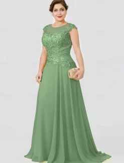 A-Line Mother of the Bride Dress Wedding Guest Elegant Plus Size Illusion Neck Sweep / Brush Train Chiffon Beaded Lace Short Sleeve No with Bow(s) Pleats free custom size