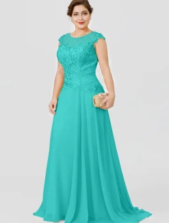 A-Line Mother of the Bride Dress Wedding Guest Elegant Plus Size Illusion Neck Sweep / Brush Train Chiffon Beaded Lace Short Sleeve No with Bow(s) Pleats free custom size