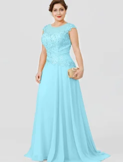 A-Line Mother of the Bride Dress Wedding Guest Elegant Plus Size Illusion Neck Sweep / Brush Train Chiffon Beaded Lace Short Sleeve No with Bow(s) Pleats free custom size