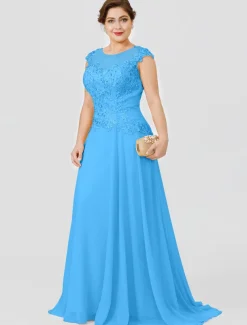 A-Line Mother of the Bride Dress Wedding Guest Elegant Plus Size Illusion Neck Sweep / Brush Train Chiffon Beaded Lace Short Sleeve No with Bow(s) Pleats free custom size