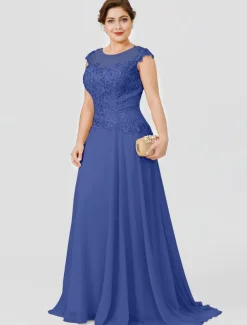 A-Line Mother of the Bride Dress Wedding Guest Elegant Plus Size Illusion Neck Sweep / Brush Train Chiffon Beaded Lace Short Sleeve No with Bow(s) Pleats free custom size