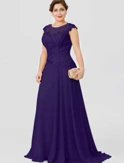 A-Line Mother of the Bride Dress Wedding Guest Elegant Plus Size Illusion Neck Sweep / Brush Train Chiffon Beaded Lace Short Sleeve No with Bow(s) Pleats free custom size