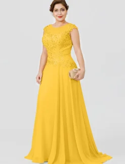 A-Line Mother of the Bride Dress Wedding Guest Elegant Plus Size Illusion Neck Sweep / Brush Train Chiffon Beaded Lace Short Sleeve No with Bow(s) Pleats free custom size