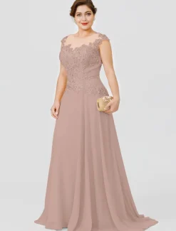 A-Line Mother of the Bride Dress Wedding Guest Elegant Plus Size Illusion Neck Sweep / Brush Train Chiffon Beaded Lace Short Sleeve No with Bow(s) Pleats free custom size