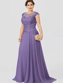 A-Line Mother of the Bride Dress Wedding Guest Elegant Plus Size Illusion Neck Sweep / Brush Train Chiffon Beaded Lace Short Sleeve No with Bow(s) Pleats free custom size