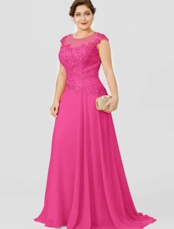 A-Line Mother of the Bride Dress Wedding Guest Elegant Plus Size Illusion Neck Sweep / Brush Train Chiffon Beaded Lace Short Sleeve No with Bow(s) Pleats free custom size
