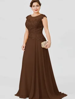A-Line Mother of the Bride Dress Wedding Guest Elegant Plus Size Illusion Neck Sweep / Brush Train Chiffon Beaded Lace Short Sleeve No with Bow(s) Pleats free custom size