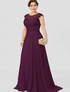 A-Line Mother of the Bride Dress Wedding Guest Elegant Plus Size Illusion Neck Sweep / Brush Train Chiffon Beaded Lace Short Sleeve No with Bow(s) Pleats free custom size