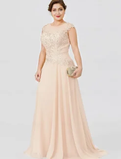 A-Line Mother of the Bride Dress Wedding Guest Elegant Plus Size Illusion Neck Sweep / Brush Train Chiffon Beaded Lace Short Sleeve No with Bow(s) Pleats free custom size