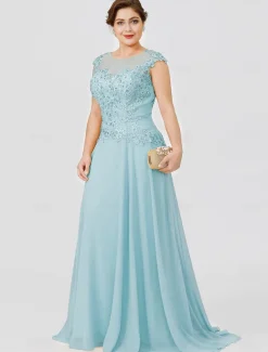 A-Line Mother of the Bride Dress Wedding Guest Elegant Plus Size Illusion Neck Sweep / Brush Train Chiffon Beaded Lace Short Sleeve No with Bow(s) Pleats free custom size