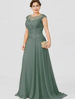 A-Line Mother of the Bride Dress Wedding Guest Elegant Plus Size Illusion Neck Sweep / Brush Train Chiffon Beaded Lace Short Sleeve No with Bow(s) Pleats free custom size