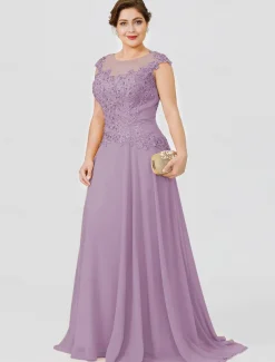 A-Line Mother of the Bride Dress Wedding Guest Elegant Plus Size Illusion Neck Sweep / Brush Train Chiffon Beaded Lace Short Sleeve No with Bow(s) Pleats free custom size