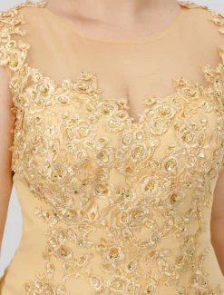 A-Line Mother of the Bride Dress Wedding Guest Elegant Plus Size Illusion Neck Sweep / Brush Train Chiffon Beaded Lace Short Sleeve No with Bow(s) Pleats free custom size