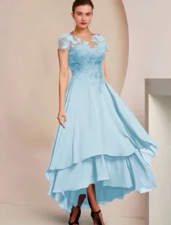 A-Line Mother of the Bride Dress Formal Wedding Guest Elegant High Low Scoop Neck Asymmetrical Tea Length Chiffon Lace Short Sleeve with Sequin Appliques free custom size