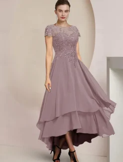 A-Line Mother of the Bride Dress Formal Wedding Guest Elegant High Low Scoop Neck Asymmetrical Tea Length Chiffon Lace Short Sleeve with Sequin Appliques free custom size