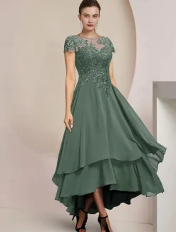 A-Line Mother of the Bride Dress Formal Wedding Guest Elegant High Low Scoop Neck Asymmetrical Tea Length Chiffon Lace Short Sleeve with Sequin Appliques free custom size