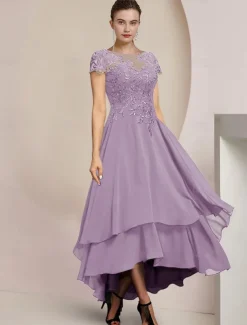 A-Line Mother of the Bride Dress Formal Wedding Guest Elegant High Low Scoop Neck Asymmetrical Tea Length Chiffon Lace Short Sleeve with Sequin Appliques free custom size