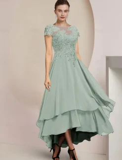 A-Line Mother of the Bride Dress Formal Wedding Guest Elegant High Low Scoop Neck Asymmetrical Tea Length Chiffon Lace Short Sleeve with Sequin Appliques free custom size