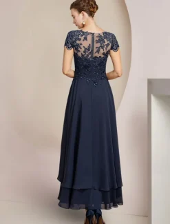 A-Line Mother of the Bride Dress Formal Wedding Guest Elegant High Low Scoop Neck Asymmetrical Tea Length Chiffon Lace Short Sleeve with Sequin Appliques free custom size